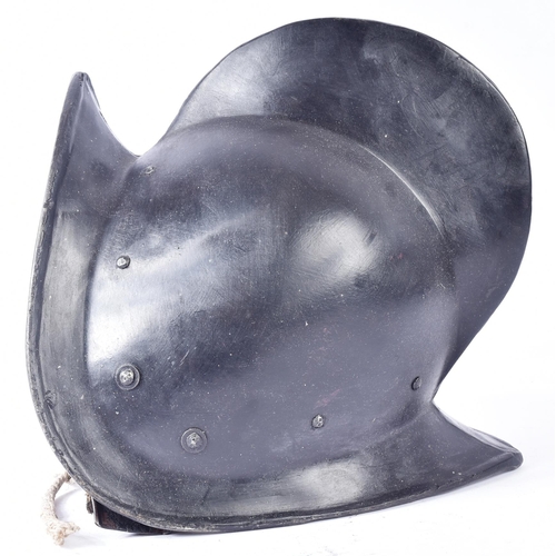 81 - A vintage 20th Century replica of a medieval style Spanish Morion / Pikemans pot helmet. Black fibre... 