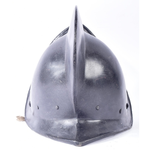 81 - A vintage 20th Century replica of a medieval style Spanish Morion / Pikemans pot helmet. Black fibre... 