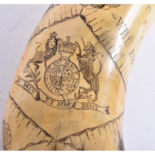 87 - A late 19th Century cow horn scrimshaw artwork depicting assorted etched decorations comprising an e... 