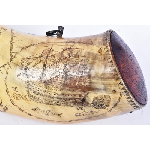 87 - A late 19th Century cow horn scrimshaw artwork depicting assorted etched decorations comprising an e... 