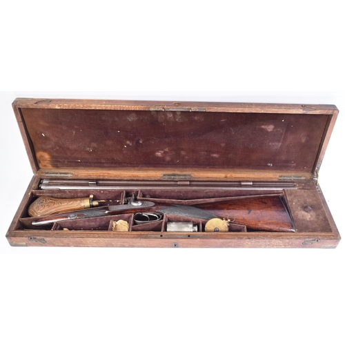 513 - An antique 19th century cased double-barrelled muzzle-loading percussion rifle by Hutchins. 28