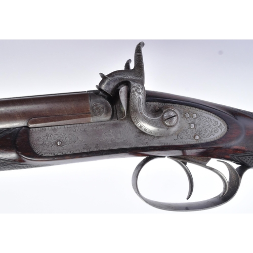 513 - An antique 19th century cased double-barrelled muzzle-loading percussion rifle by Hutchins. 28