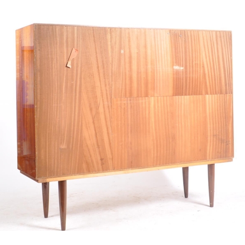 158 - A retro vintage mid 20th century walnut veneered cocktail cabinet highboard having a glazed sliding ... 