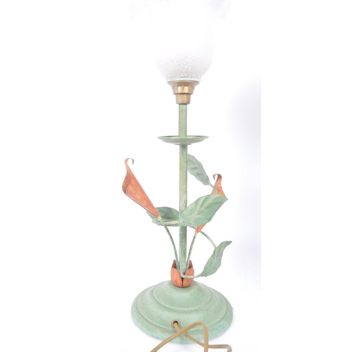 203 - A pair of retro vintage 20th century metal table desk lamp lights having a tulip shaped opaline shad... 