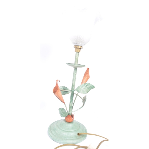 203 - A pair of retro vintage 20th century metal table desk lamp lights having a tulip shaped opaline shad... 