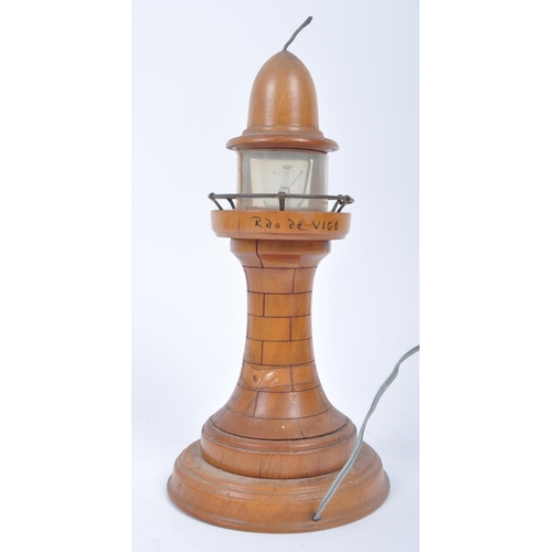 241 - A retro vintage 20th century Continental Iberian teak desk table lamp light in the shape of a lighth... 