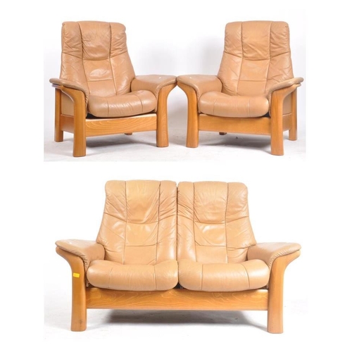 259 - Ekornes Scandinavian ' Montana ' sofa settee and armchairs in brown leather with angular solid teak ... 