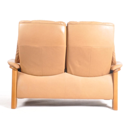 259 - Ekornes Scandinavian ' Montana ' sofa settee and armchairs in brown leather with angular solid teak ... 