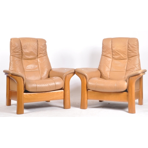 259 - Ekornes Scandinavian ' Montana ' sofa settee and armchairs in brown leather with angular solid teak ... 