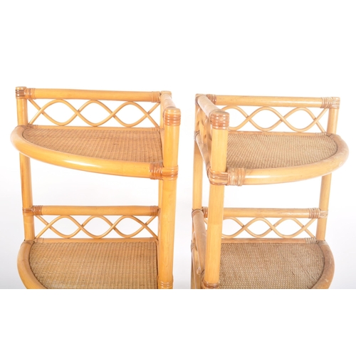 268 - A pair of retro vintage 20th century wicker rattan corner shelves having five shelves with fitted ga... 