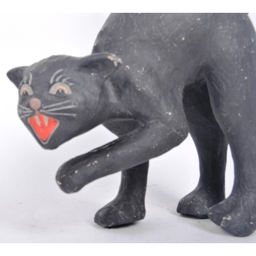 71 - Vintage mid century papier mache black witch's cat, with raised tail, arched back and hissing expres... 