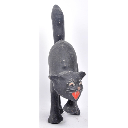 71 - Vintage mid century papier mache black witch's cat, with raised tail, arched back and hissing expres... 