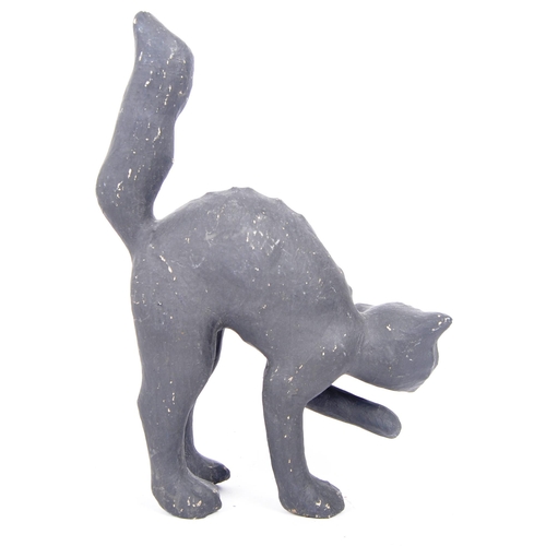 71 - Vintage mid century papier mache black witch's cat, with raised tail, arched back and hissing expres... 