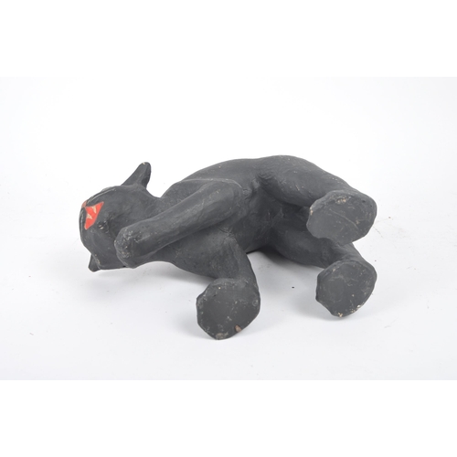 71 - Vintage mid century papier mache black witch's cat, with raised tail, arched back and hissing expres... 