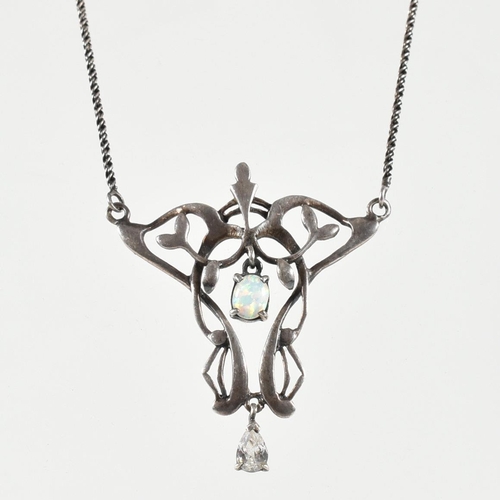 87 - A contemporary Art Nouveau silver & synthetic opal pendant necklace. The necklace strung with a pear... 