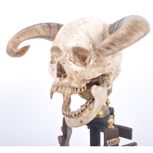 94 - A contemporary demonic skull head, with rams horns and fangs to the head supports by an ebonised sta... 