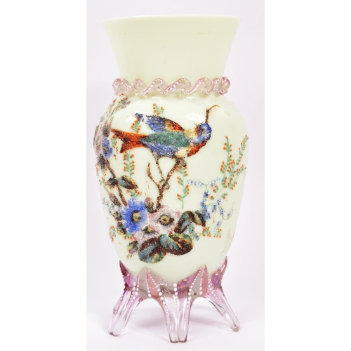123 - An early 20th Century glass vase with a pair of bon bon dishes. All hand decorated with fauna and fl... 