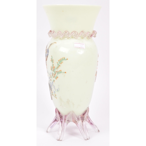123 - An early 20th Century glass vase with a pair of bon bon dishes. All hand decorated with fauna and fl... 