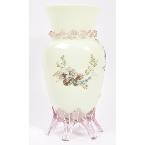 123 - An early 20th Century glass vase with a pair of bon bon dishes. All hand decorated with fauna and fl... 