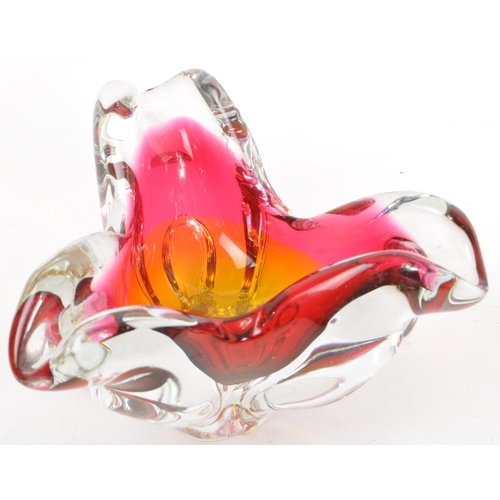 136 - Two retro mid 20th Century Bohemian Czechoslovakian studio art glass vases in a pink and amber colou... 