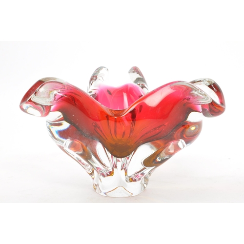 136 - Two retro mid 20th Century Bohemian Czechoslovakian studio art glass vases in a pink and amber colou... 