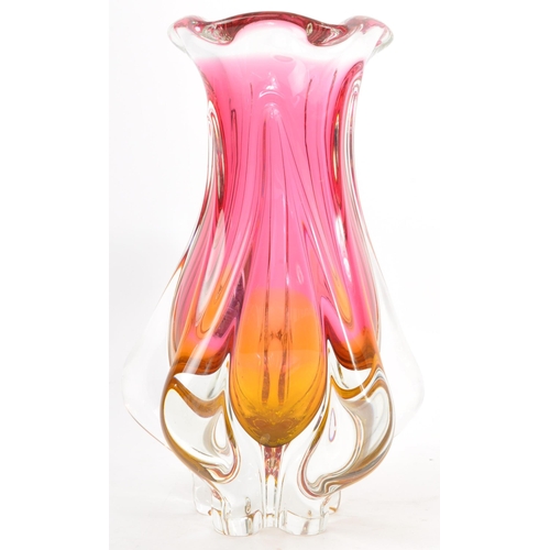 136 - Two retro mid 20th Century Bohemian Czechoslovakian studio art glass vases in a pink and amber colou... 