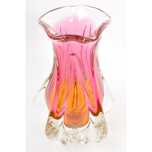 136 - Two retro mid 20th Century Bohemian Czechoslovakian studio art glass vases in a pink and amber colou... 