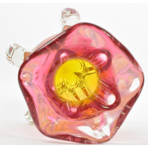 136 - Two retro mid 20th Century Bohemian Czechoslovakian studio art glass vases in a pink and amber colou... 