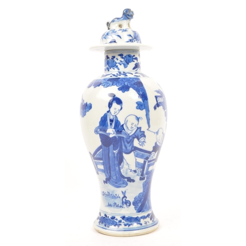 168 - A 19th Century Chinese oriental porcelain blue and white baluster shaped lidded vase. The vase decor... 