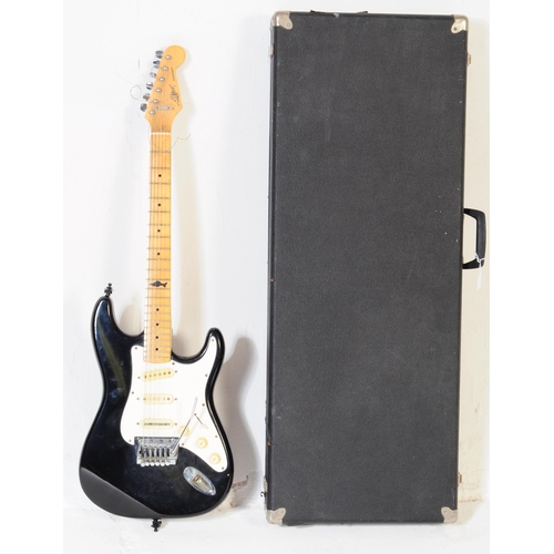 415 - Marlin sidewinder electric guitar. Having an ebonised shaped body with white fret board and beech ne... 