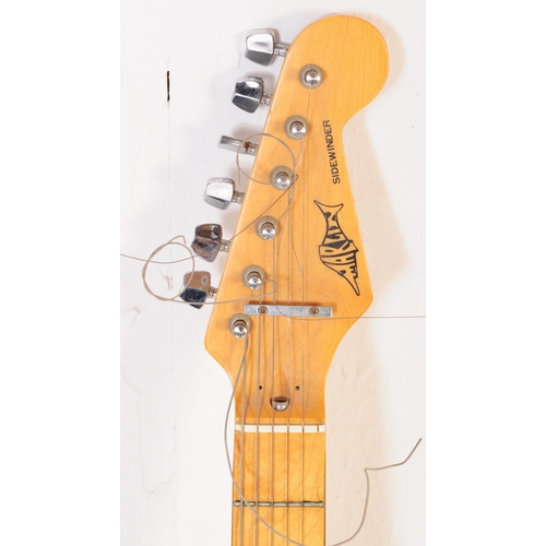 415 - Marlin sidewinder electric guitar. Having an ebonised shaped body with white fret board and beech ne... 