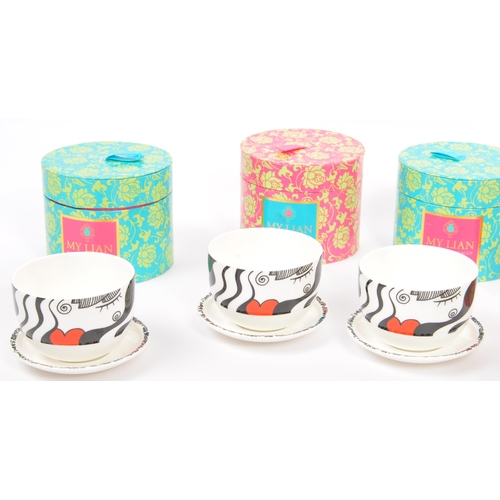 155 - A set of four boxed NOS New Old Stock Ritzenhoff My Lian china teacup and saucers having abstracted ... 