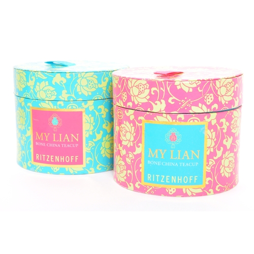 155 - A set of four boxed NOS New Old Stock Ritzenhoff My Lian china teacup and saucers having abstracted ... 