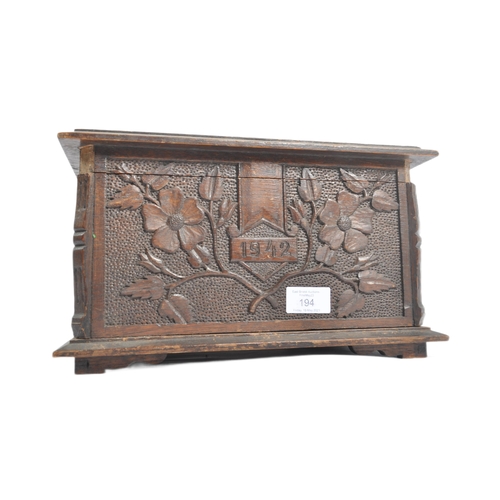 197 - An unusual WWII Second World War 'trench art' type carved folk-art wooden box. Well carved with Oak ... 