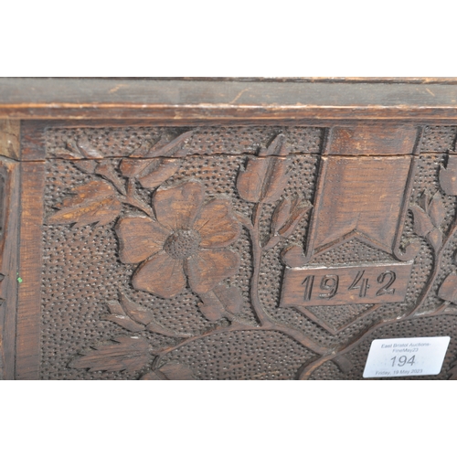 197 - An unusual WWII Second World War 'trench art' type carved folk-art wooden box. Well carved with Oak ... 