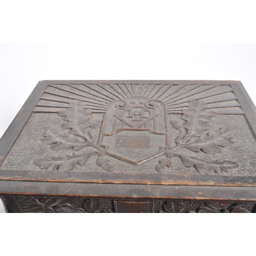 197 - An unusual WWII Second World War 'trench art' type carved folk-art wooden box. Well carved with Oak ... 