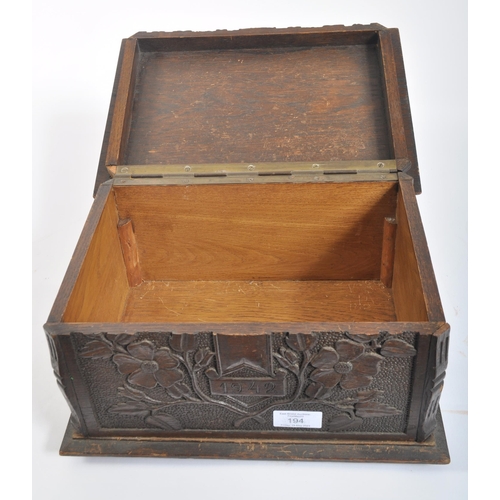 197 - An unusual WWII Second World War 'trench art' type carved folk-art wooden box. Well carved with Oak ... 