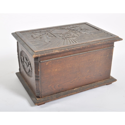 197 - An unusual WWII Second World War 'trench art' type carved folk-art wooden box. Well carved with Oak ... 