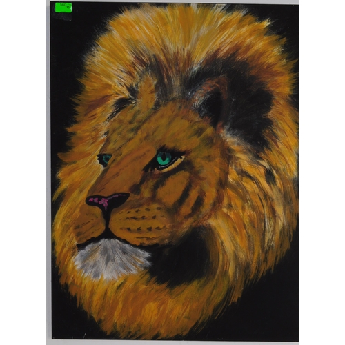 560 - A late 20th century expressionist acrylic on board painting of a Lions head. The painting having bol... 