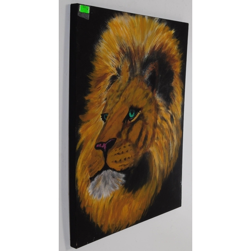 560 - A late 20th century expressionist acrylic on board painting of a Lions head. The painting having bol... 