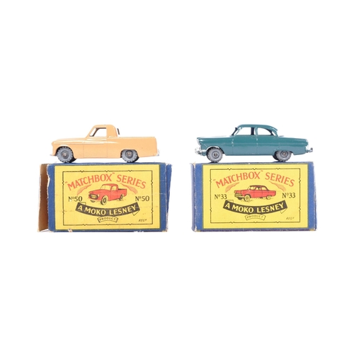 46 - Moko Lesney - x2 vintage Moko Lesney made Matchbox Series diecast model cars comprising No. 33 Ford ... 