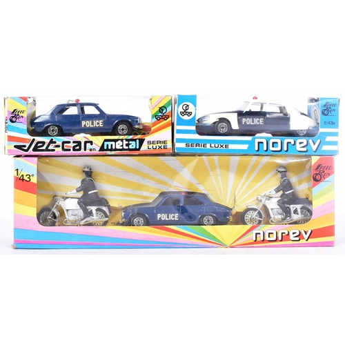 54 - Diecast - x3 vintage French Norev made diecast model police cars comprising; Citroen DS 21, Peugeot ... 