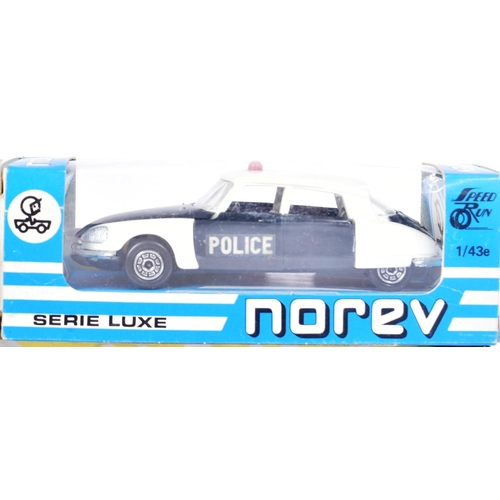 54 - Diecast - x3 vintage French Norev made diecast model police cars comprising; Citroen DS 21, Peugeot ... 