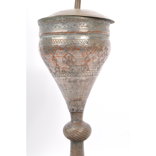809 - Two 19th century hammered copper and brass Indian converted desk lamps. One having a embossed floral... 