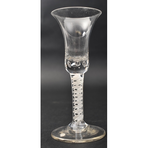 113 - A George II 18th century circa 1740 crystal opaque double twist & bubble control wine glass. Inverte... 