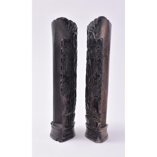 127 - A pair of 19th century Chinese soapstone posie vases. Each vase being intricately with flowers and r... 