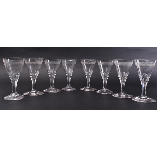 16 - A set of eight mid - late 18th century George III facet cut stem wine glasses. Each glass of taperin... 