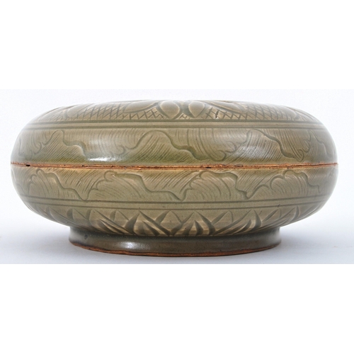 168 - A 19th century Chinese Yaozhou ware ceramic green celadon seal lidded box. The box having floral Yao... 