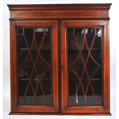 189 - An Edwardian mahogany and boxwood inlaid astragal glazed wall hanging display cabinet. Twin astragal... 