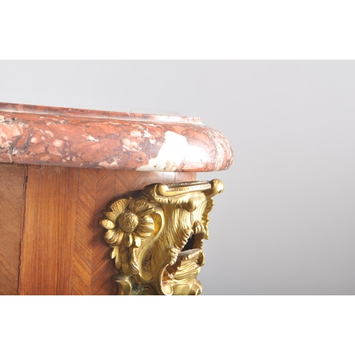 222 - A French Louis XV kingwood & gilt ormolu bombe fronted marble top cupboard dresser. The cupboard hav... 